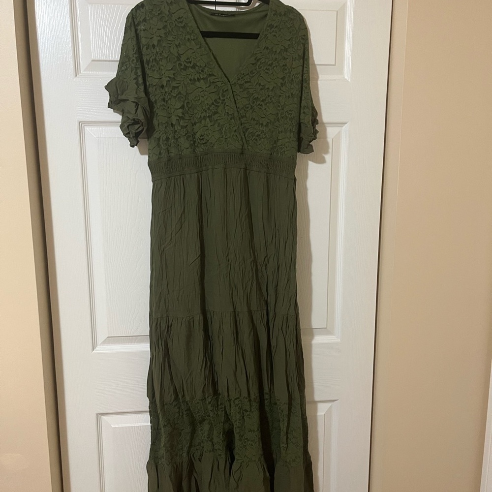 Simplee Olive Green Maxi Dress with Lace